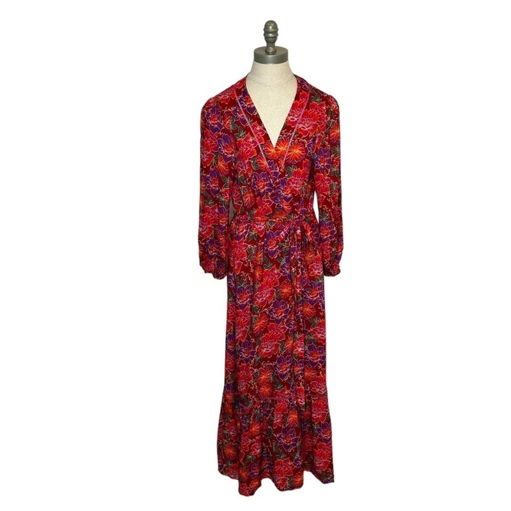 Paloma Blue Bowie CREPE DE CHINE Kimono Wrap Maxi Colorful Floral Dress Size XS - Picture 4 of 16